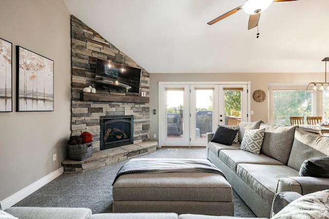 13898 Summerset Cir, Draper, UT 84020 - carpeted living area with lofted ceiling, a fireplace, a ceiling fan, and french doors