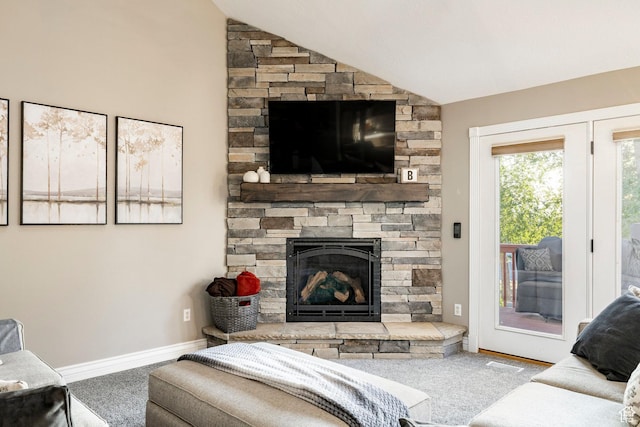 13898 Summerset Cir, Draper, UT 84020 - carpeted living area with lofted ceiling, a fireplace, and baseboards