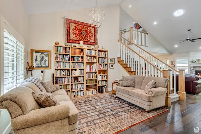 849 N 400 E, Springville, UT 84663 - living area featuring wood finished floors, high vaulted ceiling, stairway, ceiling fan, and recessed lighting