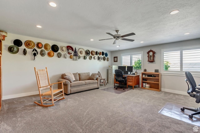 849 N 400 E, Springville, UT 84663 - office area featuring light colored carpet, recessed lighting, a ceiling fan, baseboards, and a textured ceiling