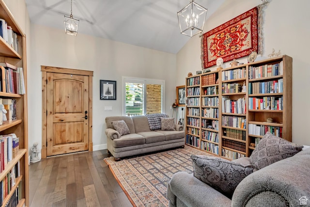 849 N 400 E, Springville, UT 84663 - living area with high vaulted ceiling, hardwood / wood-style flooring, a chandelier, and wall of books