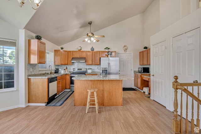 4564 S Early Duke St, West Valley City, UT 84120 - kitchen with appliances with stainless steel finishes, under cabinet range hood, light wood-style flooring, decorative backsplash, and high vaulted ceiling