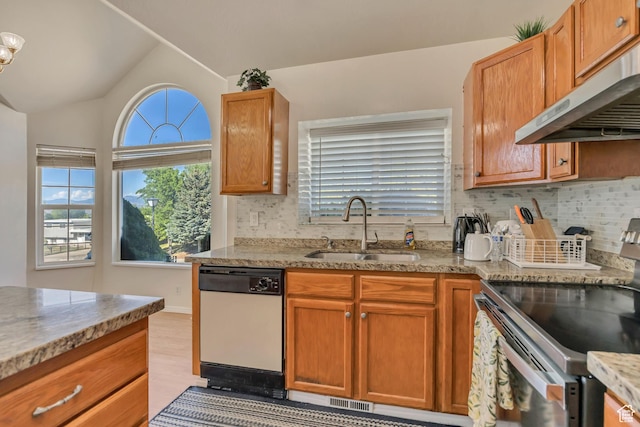 4564 S Early Duke St, West Valley City, UT 84120 - kitchen featuring dishwasher, a sink, under cabinet range hood, electric range, and backsplash