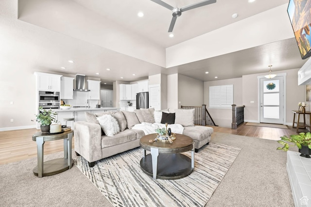 9447 N Arrowhead Dr, Eagle Mountain, UT 84005 - living area with baseboards, light wood-style flooring, recessed lighting, and a ceiling fan