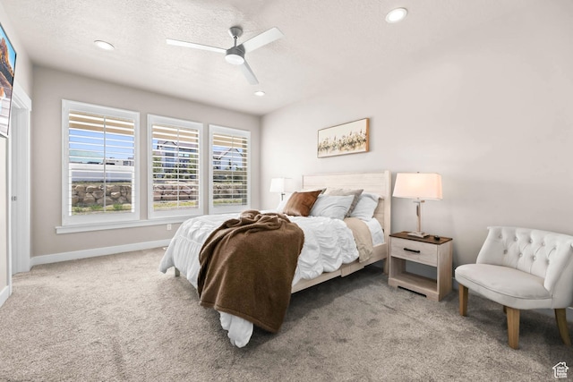 9447 N Arrowhead Dr, Eagle Mountain, UT 84005 - bedroom featuring carpet flooring, baseboards, a textured ceiling, recessed lighting, and ceiling fan