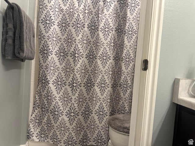 3863 W Augusta Dr S, Syracuse, UT 84075 - bathroom with toilet, vanity, and a shower with curtain