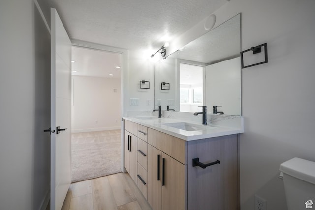 5866 N Fork Rd, Eden, UT 84310 - bathroom featuring double vanity, a textured ceiling, wood finished floors, toilet, and baseboards