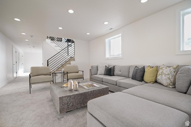5866 N Fork Rd, Eden, UT 84310 - living room with recessed lighting, stairway, healthy amount of natural light, light colored carpet, and baseboards
