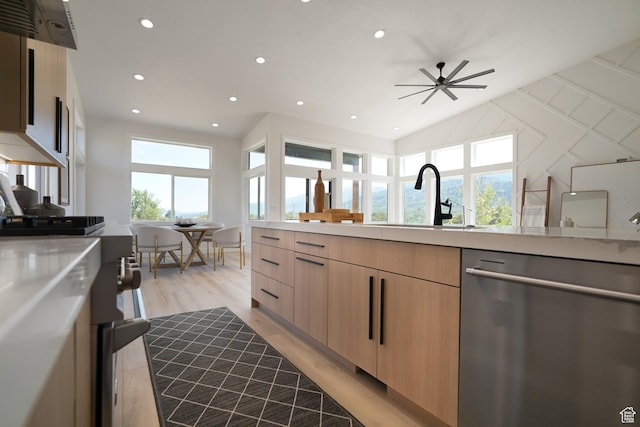 5866 N Fork Rd, Eden, UT 84310 - kitchen featuring dishwasher, light brown cabinetry, modern cabinets, a sink, and recessed lighting