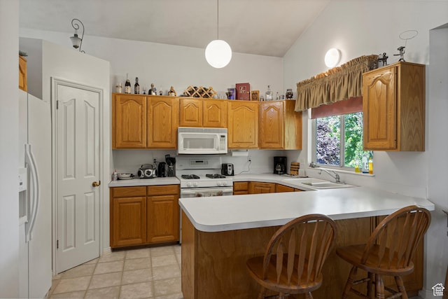 1767 E 2825 N, Layton, UT 84040 - kitchen with white appliances, a sink, a peninsula, light countertops, and a kitchen breakfast bar