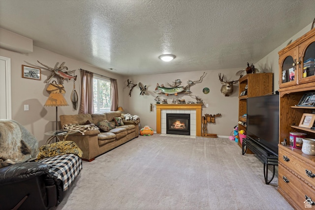 1767 E 2825 N, Layton, UT 84040 - carpeted living room with a textured ceiling and a tile fireplace