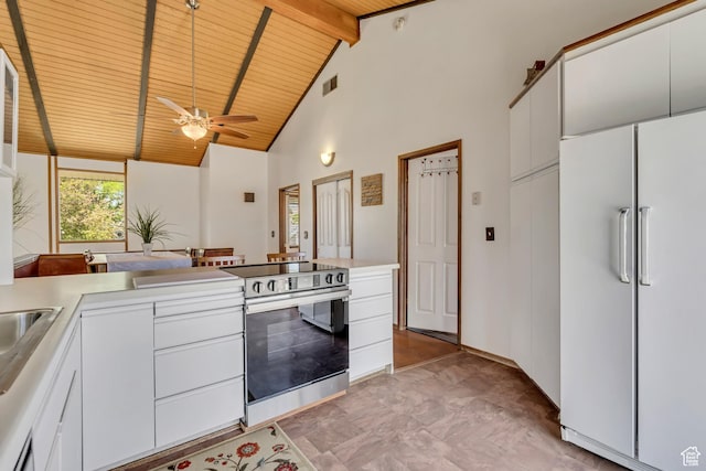 1063 Oxford Dr, Ogden, UT 84403 - kitchen featuring freestanding refrigerator, stainless steel range with electric stovetop, wood ceiling with exposed beams, high vaulted ceiling, and ceiling fan