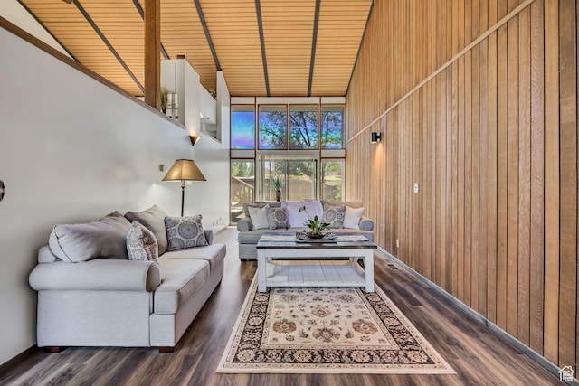 1063 Oxford Dr, Ogden, UT 84403 - living room with wood walls, wooden ceiling with exposed beams, high vaulted ceiling, wood finished floors, and expansive windows