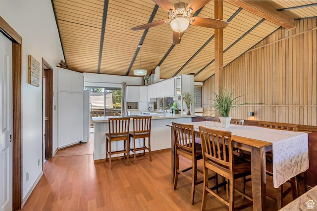1063 Oxford Dr, Ogden, UT 84403 - dining area with light wood-style floors, high vaulted ceiling, wooden ceiling with exposed beams, and ceiling fan