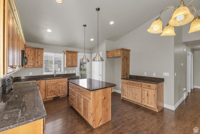 1848 W 645 S, Orem, UT 84059 - kitchen featuring lofted ceiling, black microwave, a sink, electric range oven, and dark wood-style flooring