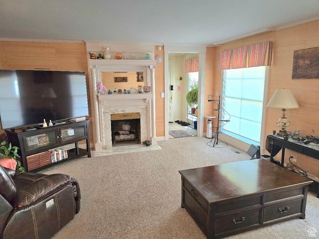 611 E 100 N, Brigham City, UT 84302 - carpeted living room with a fireplace and ornamental molding