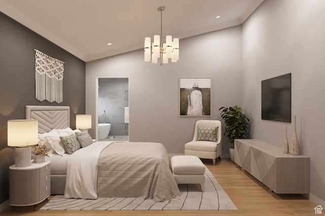 4169 W Discovery Way Unit 302, Park City, UT 84098 - bedroom with a chandelier, light wood-type flooring, crown molding, connected bathroom, and recessed lighting