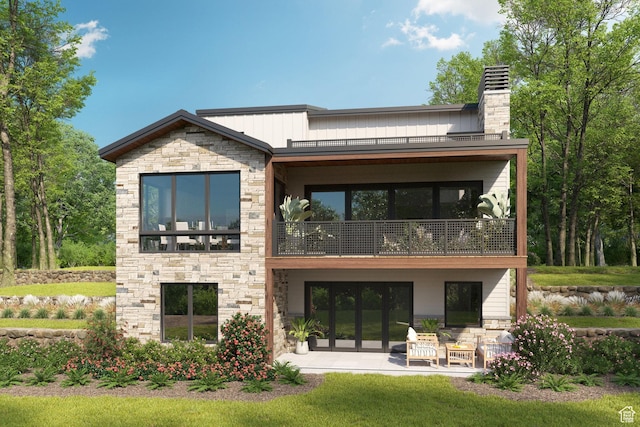 4169 W Discovery Way Unit 302, Park City, UT 84098 - back of house with stone siding, a balcony, a patio area, a chimney, and board and batten siding