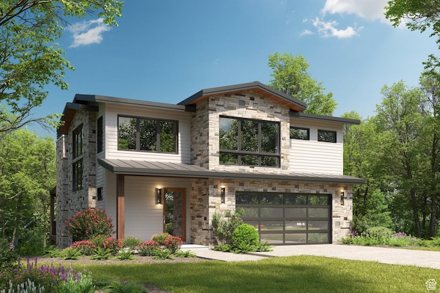 4169 W Discovery Way Unit 302, Park City, UT 84098 - contemporary house featuring stone siding, concrete driveway, a standing seam roof, and a garage