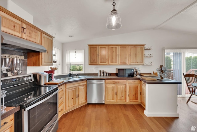1589 E Ridgefield Rd, Spanish Fork, UT 84660 - kitchen with appliances with stainless steel finishes, vaulted ceiling, dark countertops, light wood finished floors, and a peninsula