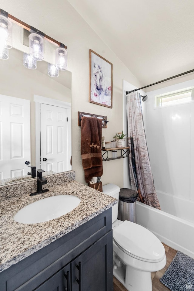 1665 E 1280 N, Mount Pleasant, UT 84647 - full bathroom featuring vanity, toilet, shower / bathtub combination with curtain, vaulted ceiling, and wood finished floors