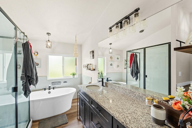 1665 E 1280 N, Mount Pleasant, UT 84647 - full bath featuring vanity, wood finished floors, a stall shower, a freestanding tub, and vaulted ceiling