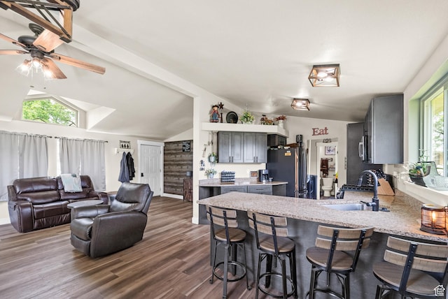 1665 E 1280 N, Mount Pleasant, UT 84647 - kitchen with stainless steel appliances, a peninsula, a sink, lofted ceiling, and healthy amount of natural light