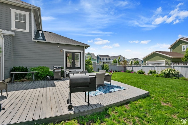 5206 W Mellow Way S, South Jordan, UT 84009 - wooden terrace featuring grilling area, a residential view, outdoor dining area, and french doors