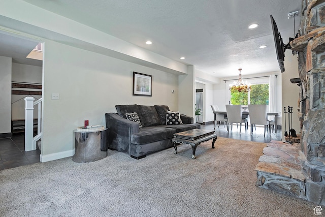 2300 Comstock Dr, Park City, UT 84060 - carpeted living area featuring recessed lighting, a chandelier, stairs, baseboards, and a textured ceiling