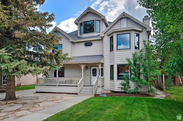 2300 Comstock Dr, Park City, UT 84060 - victorian-style house featuring a front yard, a chimney, a shingled roof, and covered porch