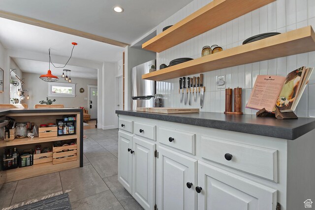 271 E Kensington Ave S, Salt Lake City, UT 84115 - kitchen featuring freestanding refrigerator, open shelves, dark countertops, white cabinets, and recessed lighting