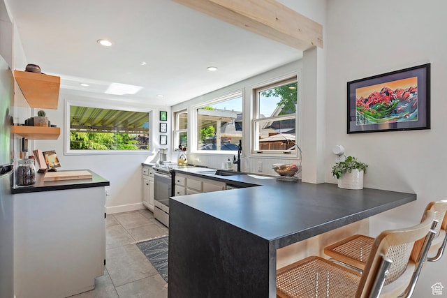 271 E Kensington Ave S, Salt Lake City, UT 84115 - kitchen with stainless steel electric range oven, open shelves, a sink, a peninsula, and dark countertops