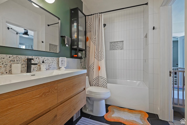 271 E Kensington Ave S, Salt Lake City, UT 84115 - bathroom with shower / bath combination with curtain, vanity, toilet, tasteful backsplash, and tile patterned floors