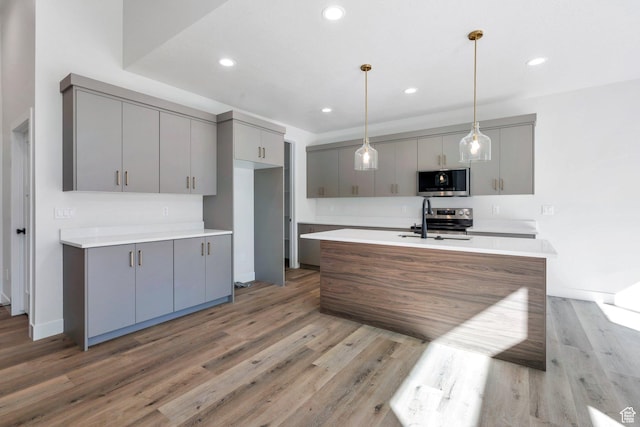 1601 S 3170 E, Spanish Fork, UT 84660 - kitchen featuring gray cabinets, appliances with stainless steel finishes, light wood-type flooring, and recessed lighting