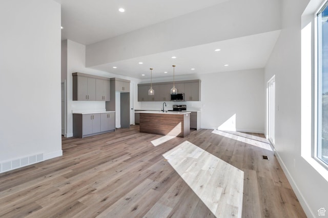 1601 S 3170 E, Spanish Fork, UT 84660 - kitchen with gray cabinetry, stainless steel appliances, light wood-style flooring, a center island with sink, and light countertops