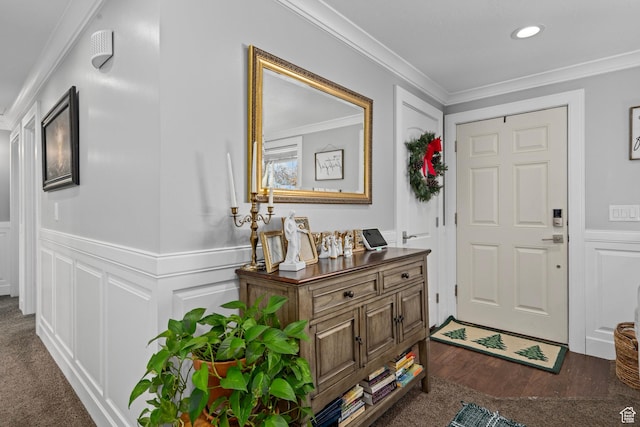 7935 S 2800 W, West Jordan, UT 84088 - foyer entrance with ornamental molding, a decorative wall, a wainscoted wall, recessed lighting, and dark wood-style floors