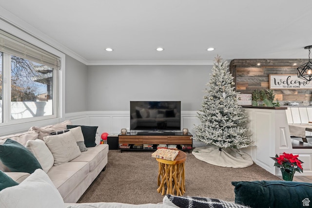 7935 S 2800 W, West Jordan, UT 84088 - carpeted living room with crown molding, a decorative wall, wainscoting, and recessed lighting