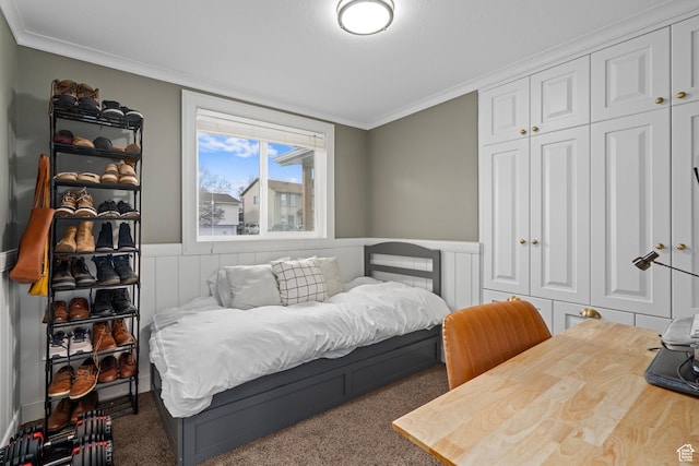 7935 S 2800 W, West Jordan, UT 84088 - bedroom with ornamental molding, a closet, carpet flooring, a wainscoted wall, and a decorative wall