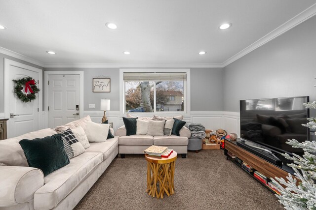 7935 S 2800 W, West Jordan, UT 84088 - carpeted living room featuring recessed lighting, ornamental molding, a wainscoted wall, and a decorative wall