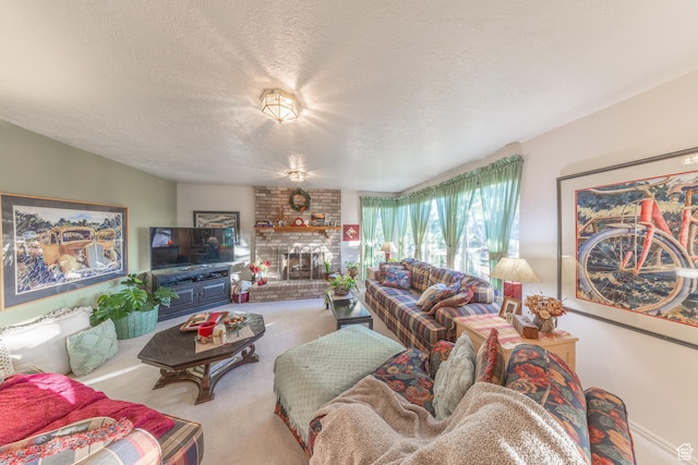 145 Deer Run Ln, Layton, UT 84040 - living area featuring carpet, a textured ceiling, and a fireplace