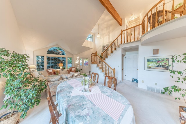 145 Deer Run Ln, Layton, UT 84040 - dining space with carpet, high vaulted ceiling, stairway, and beam ceiling