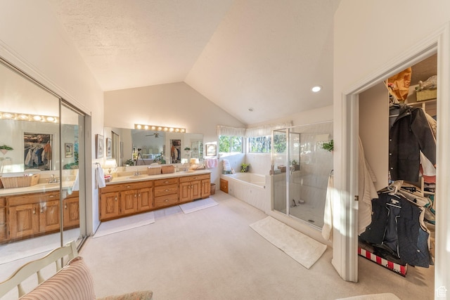 145 Deer Run Ln, Layton, UT 84040 - full bathroom featuring a bath, a stall shower, double vanity, lofted ceiling, and a spacious closet