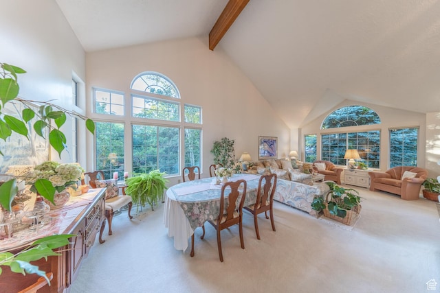 145 Deer Run Ln, Layton, UT 84040 - dining room with carpet floors, high vaulted ceiling, and beamed ceiling