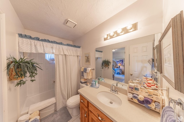 145 Deer Run Ln, Layton, UT 84040 - bathroom with shower / bath combo, a textured ceiling, tile patterned floors, vanity, and toilet