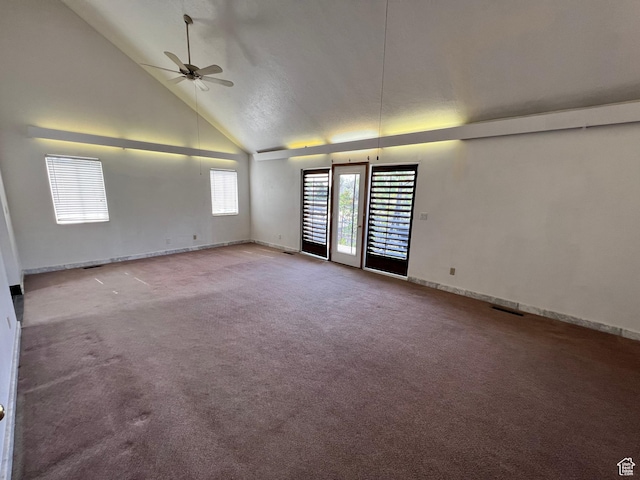 3013 N 100 W, Provo, UT 84604 - spare room featuring ceiling fan, high vaulted ceiling, carpet floors, and baseboards