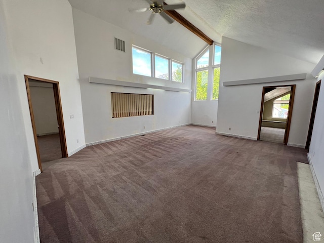 3013 N 100 W, Provo, UT 84604 - unfurnished living room featuring high vaulted ceiling, carpet, beam ceiling, a ceiling fan, and baseboards