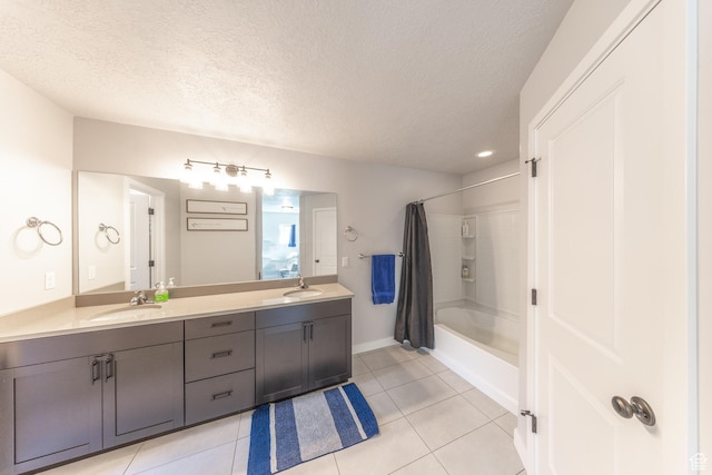 3333 W 3745th St S, West Haven, UT 84401 - full bath featuring tile patterned floors, double vanity, shower / bathtub combination with curtain, and a textured ceiling
