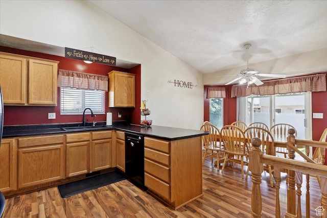 4135 W 4850 S, Roy, UT 84067 - kitchen featuring lofted ceiling, dishwasher, a peninsula, a sink, and wood finished floors