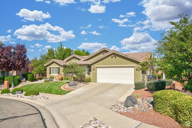 2198 W 1465 N, St George, UT 84770 - ranch-style house with concrete driveway, stucco siding, an attached garage, a front lawn, and a tiled roof
