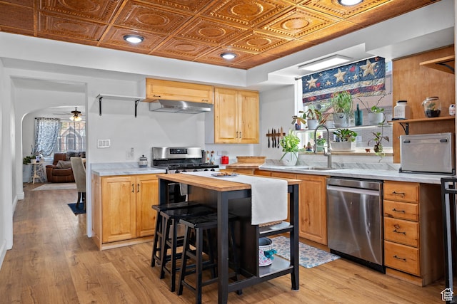 160 S 200 W, Tooele, UT 84074 - kitchen with stainless steel appliances, a sink, butcher block counters, an ornate ceiling, and exhaust hood
